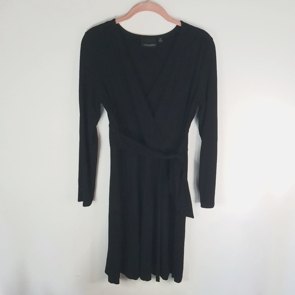 Cynthia Rowley Black Faux Wrap V Neck Dress Medium